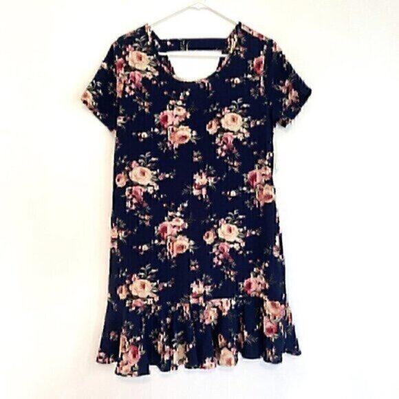 NEW NWT BLUE RAIN FRANCESCA'S Navy Blue Pink Cream Floral Ruffle Shift Dress M - Picture 1 of 11